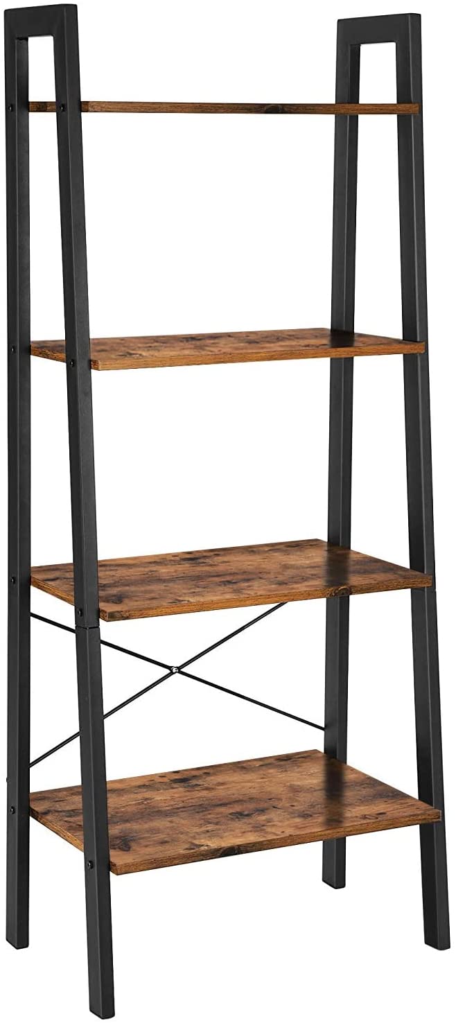 Rustic Brown and Black Steel Metal Frame 4-Tier Bookshelf