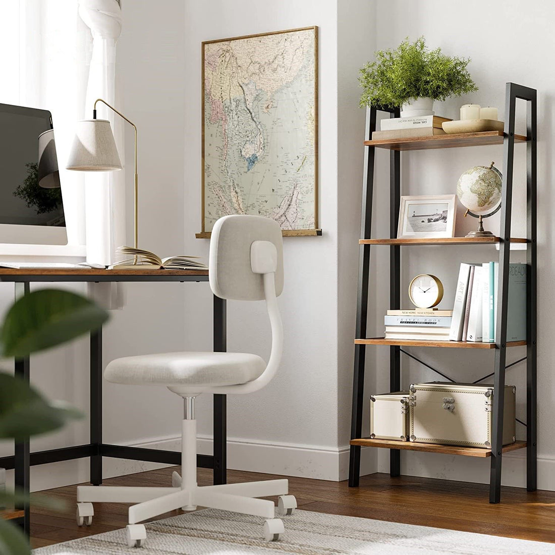 Rustic Brown and Black Steel Metal Frame 4-Tier Bookshelf