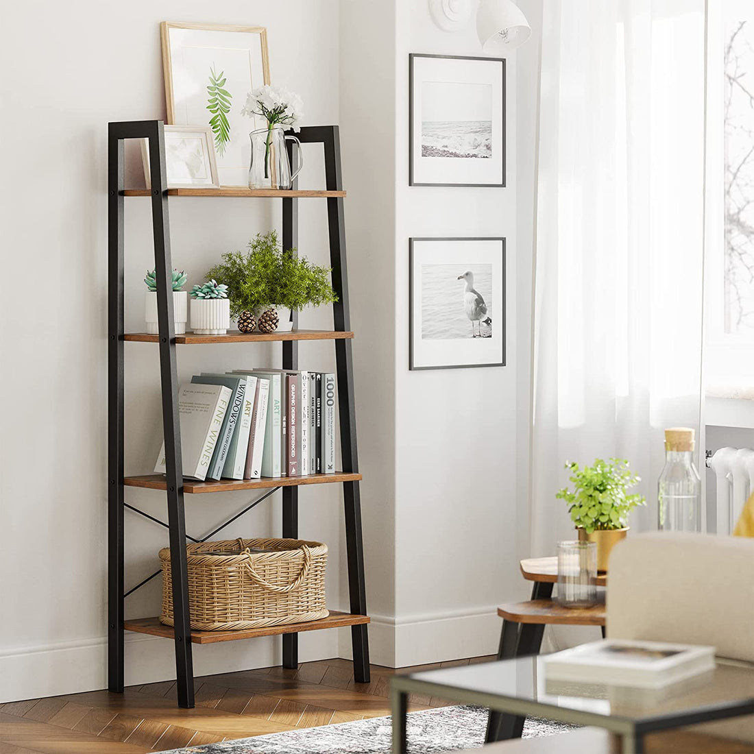 Rustic Brown and Black Steel Metal Frame 4-Tier Bookshelf