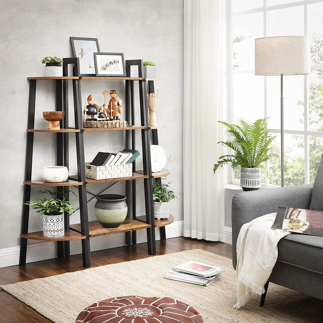 Rustic Brown and Black Steel Metal Frame 4-Tier Bookshelf