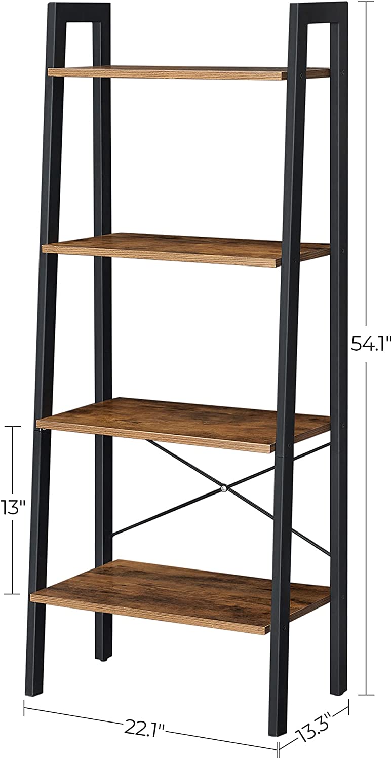 Rustic Brown and Black Steel Metal Frame 4-Tier Bookshelf