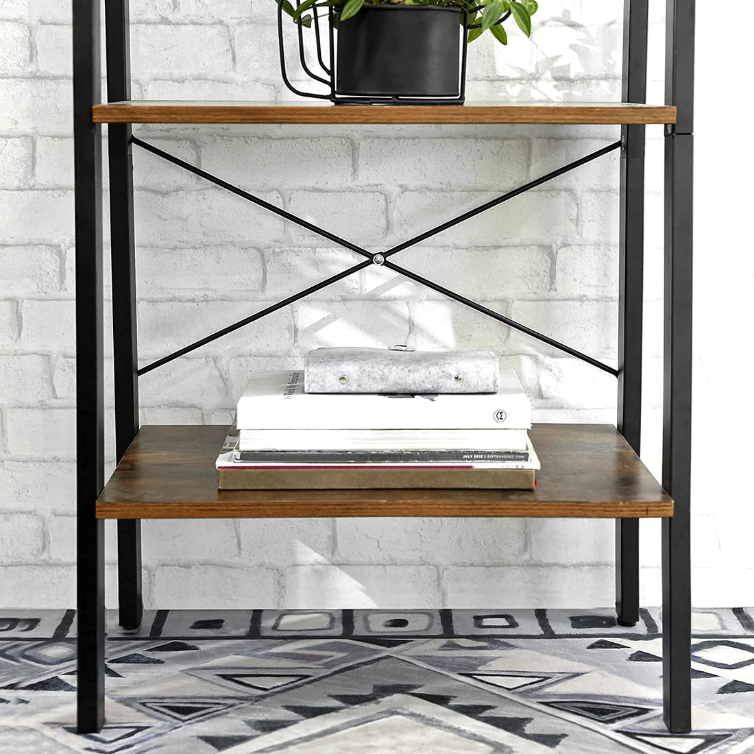 Rustic Brown and Black Steel Metal Frame 4-Tier Bookshelf