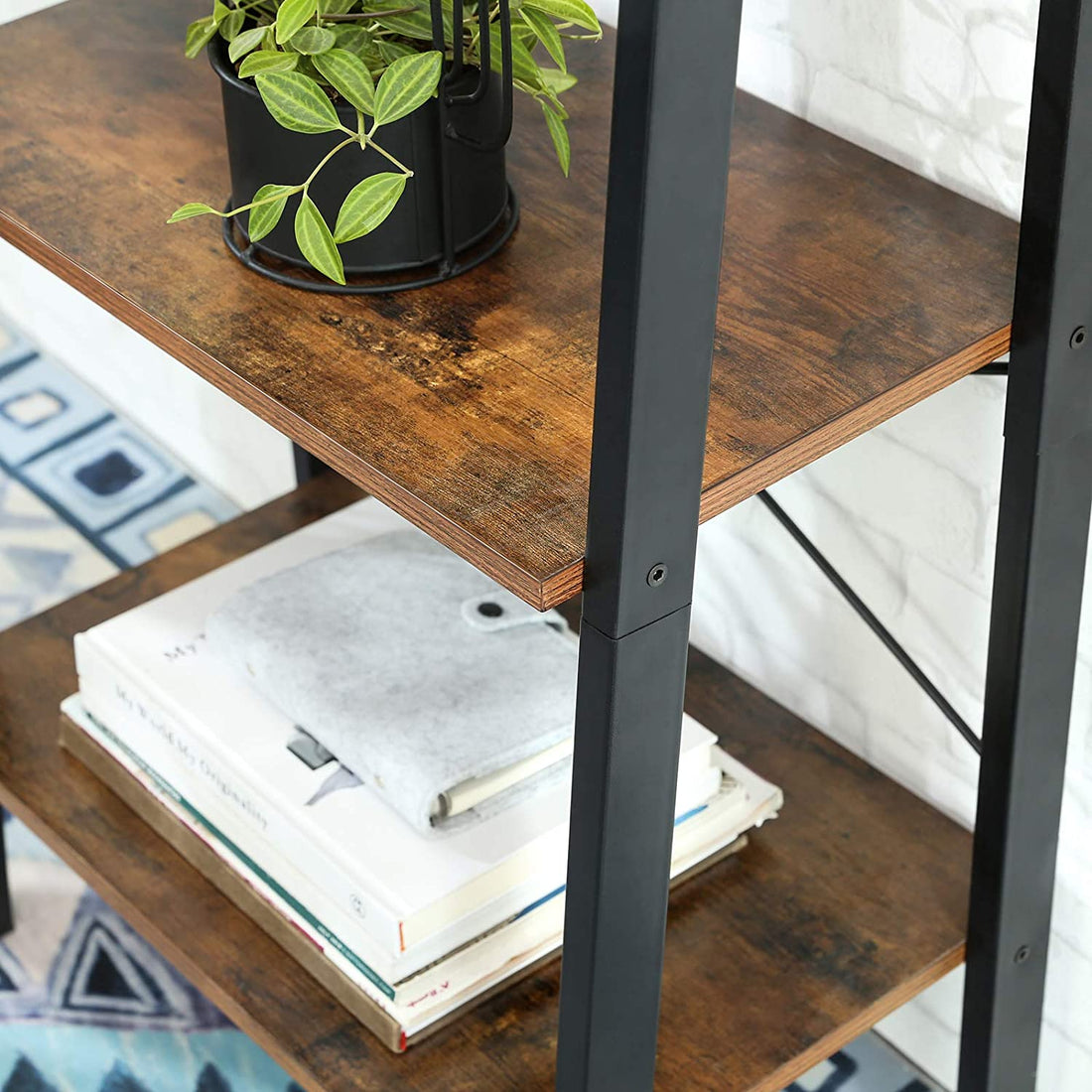 Rustic Brown and Black Steel Metal Frame 4-Tier Bookshelf