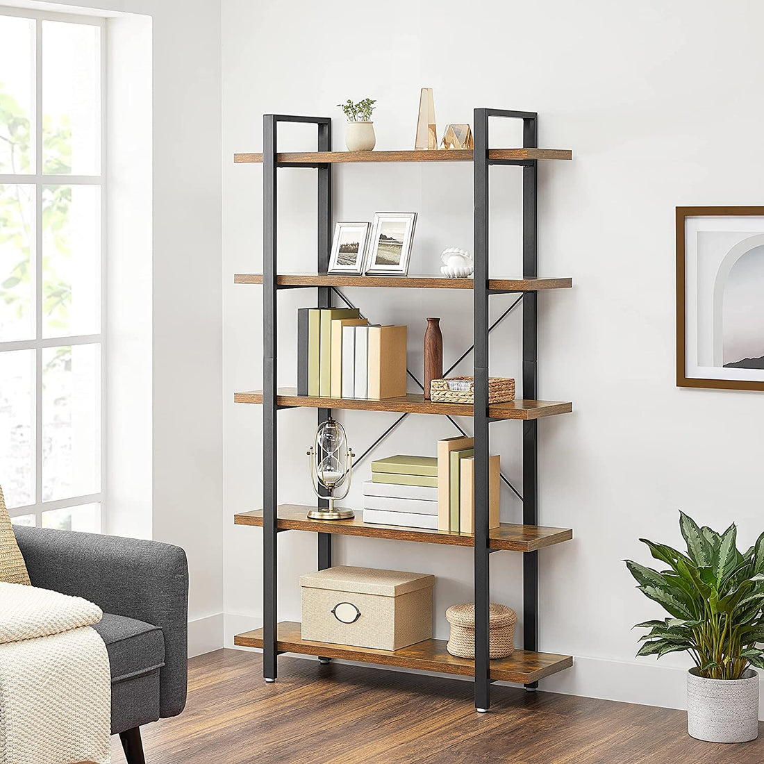 5-Tier Industrial Bookcase – Rustic Brown and Black Stable Bookshelf