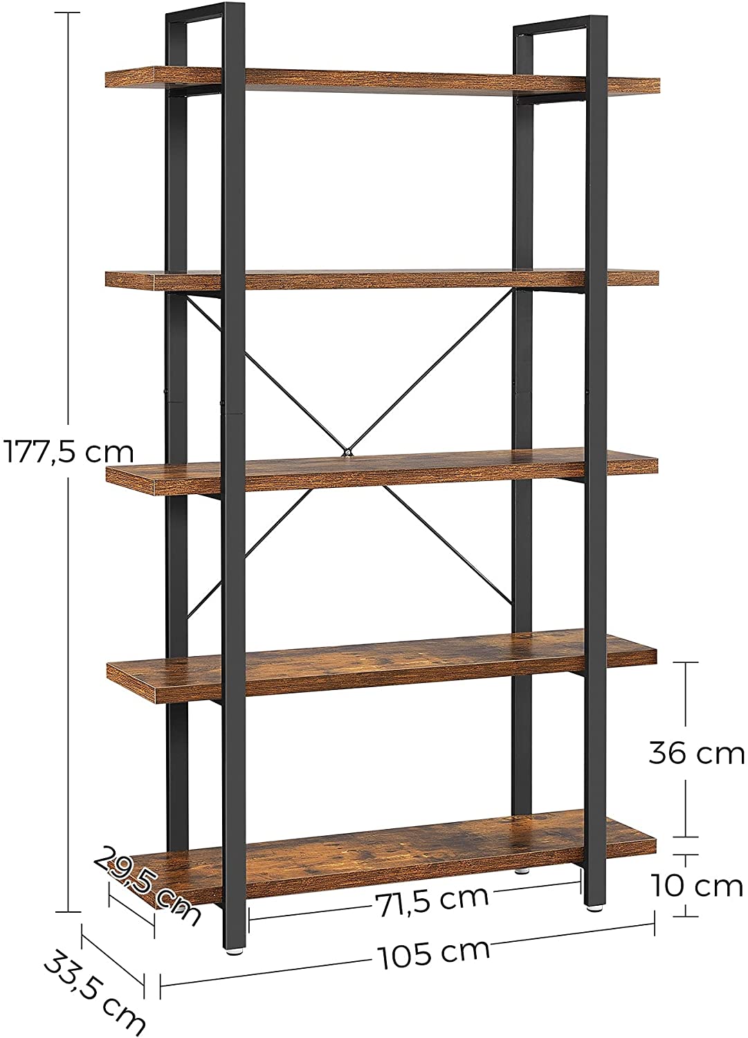 5-Tier Industrial Bookcase – Rustic Brown and Black Stable Bookshelf