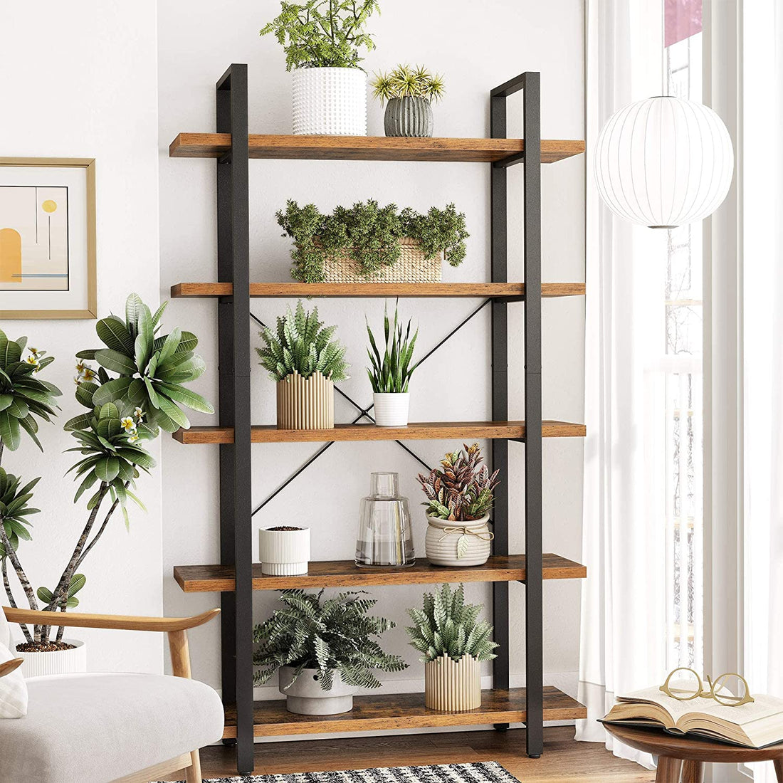 5-Tier Industrial Bookcase – Rustic Brown and Black Stable Bookshelf