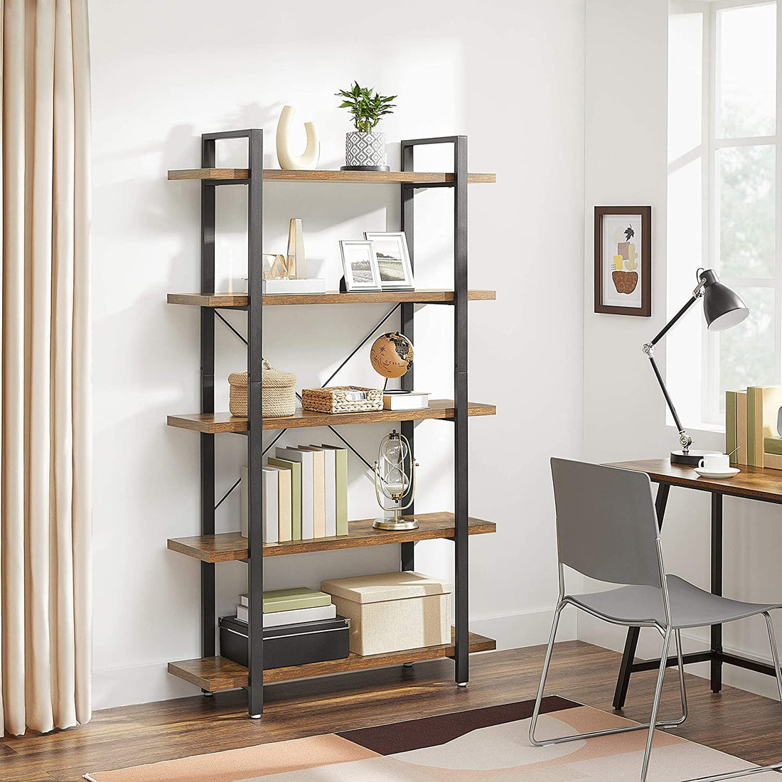 5-Tier Industrial Bookcase – Rustic Brown and Black Stable Bookshelf