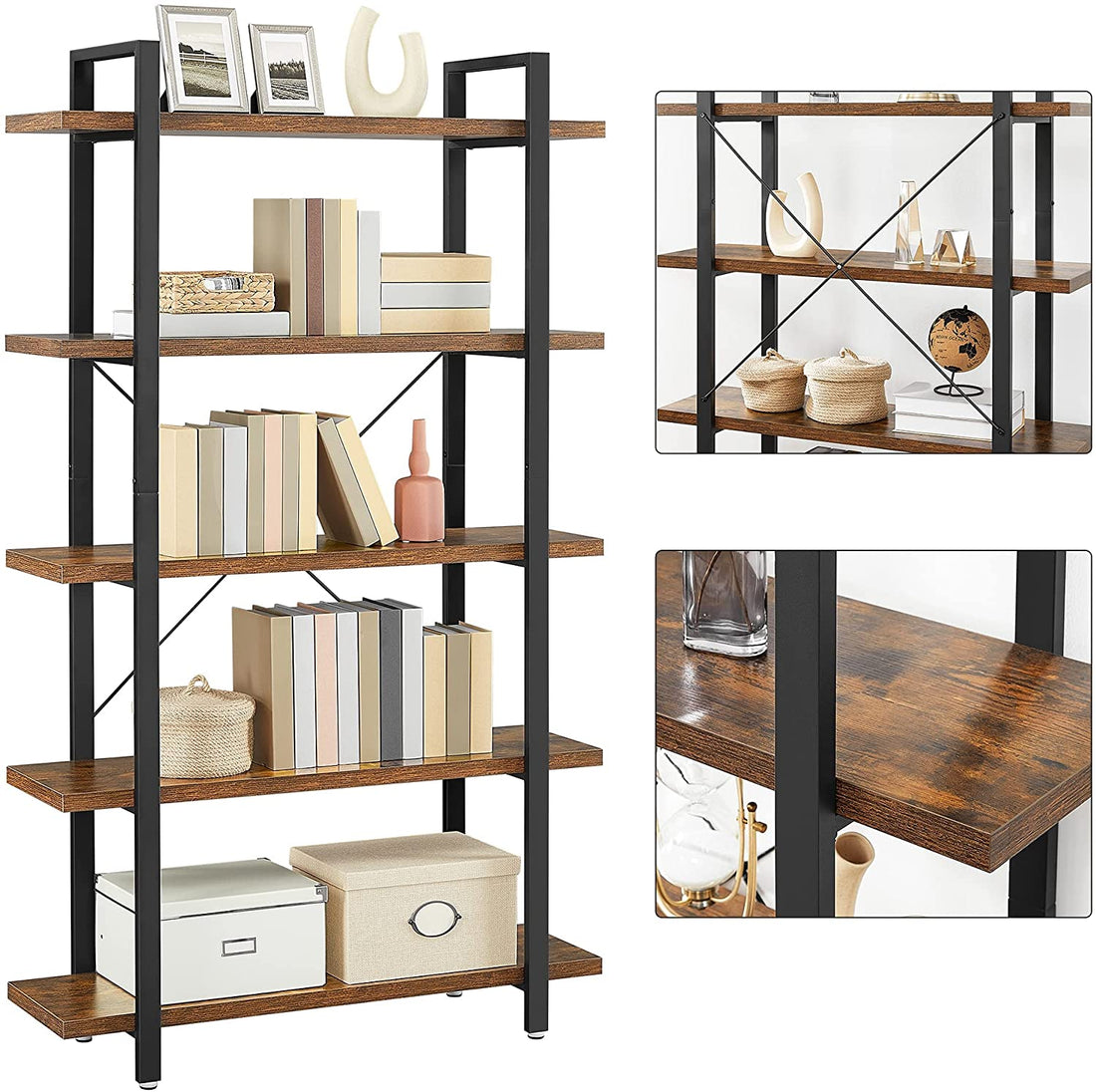 5-Tier Industrial Bookcase – Rustic Brown and Black Stable Bookshelf