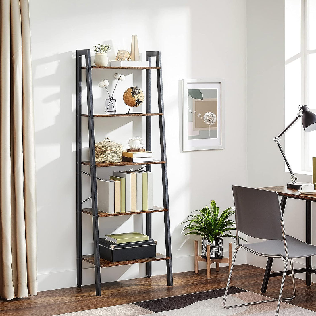 Rustic Brown 5-Tier Industrial Bookcase for Home and Office Storage