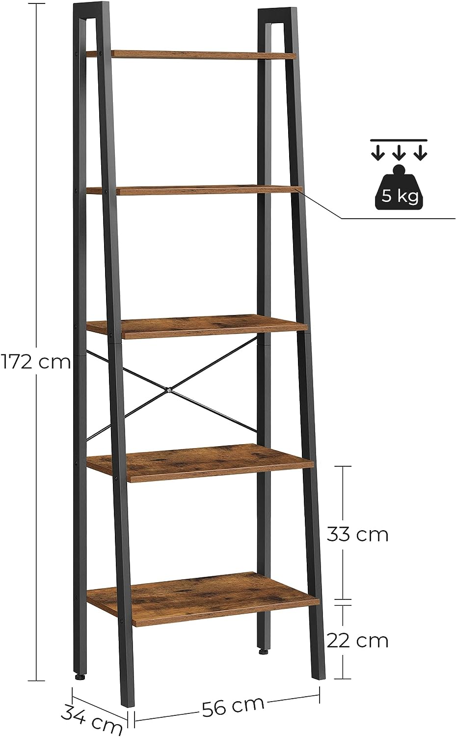 Rustic Brown 5-Tier Industrial Bookcase for Home and Office Storage