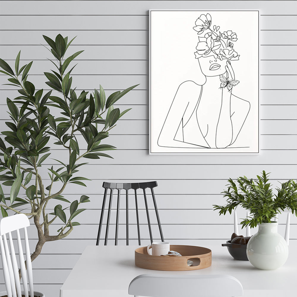 Line Art Girl Wall Art – 80x120cm White Frame Canvas