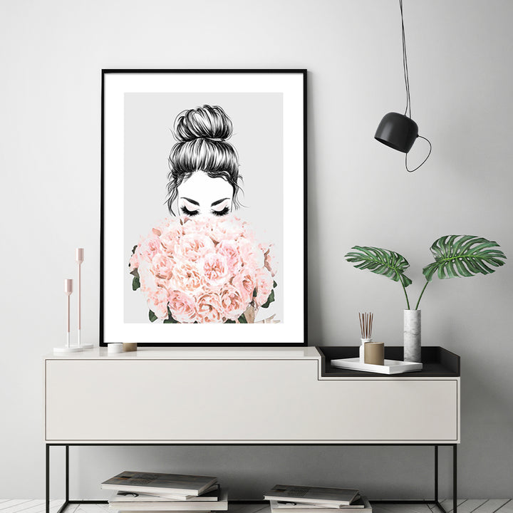 Roses Girl Wall Art – 80cm x 120cm Black Frame Canvas