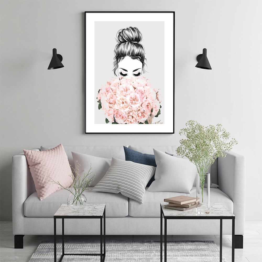 Roses Girl Wall Art – 80cm x 120cm Black Frame Canvas