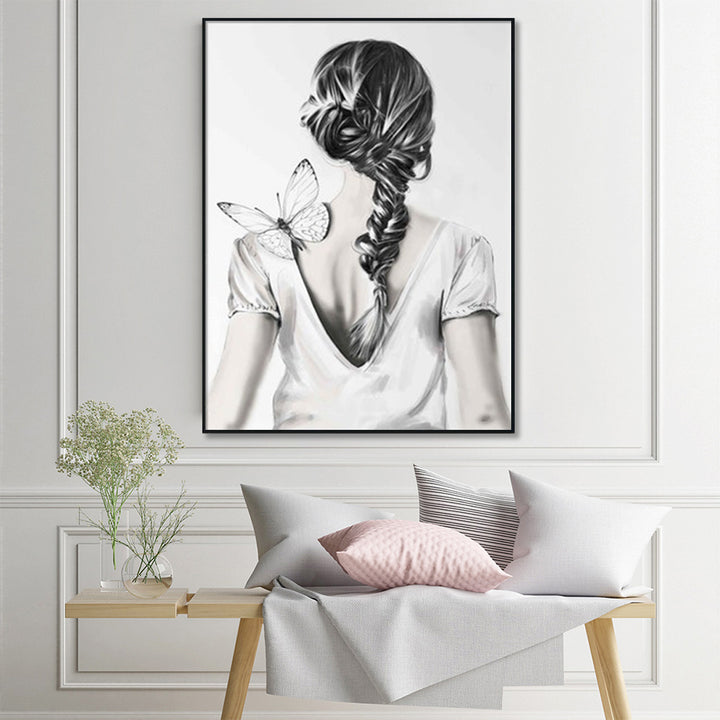 Woman Back With Butterfly Wall Art – 80x120cm Black Frame Canvas