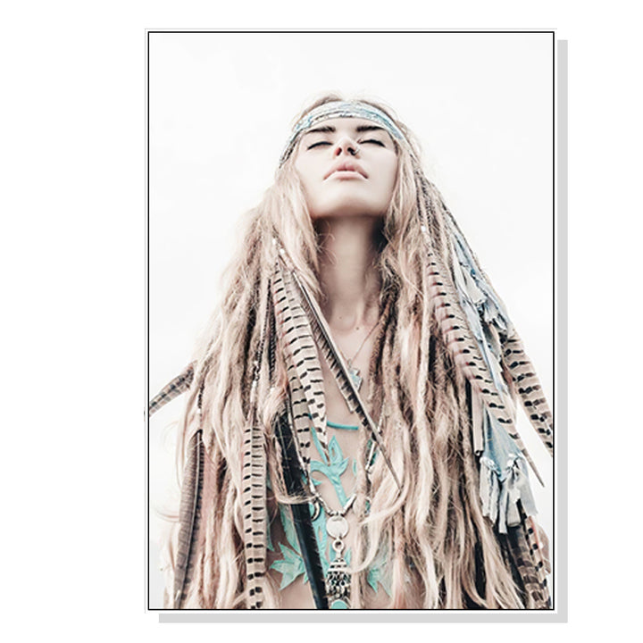 Boho Girl Wall Art – 80cm x 120cm White Frame Canvas