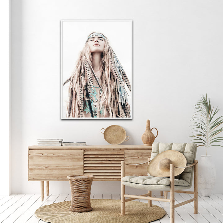 Boho Girl Wall Art – 80cm x 120cm White Frame Canvas