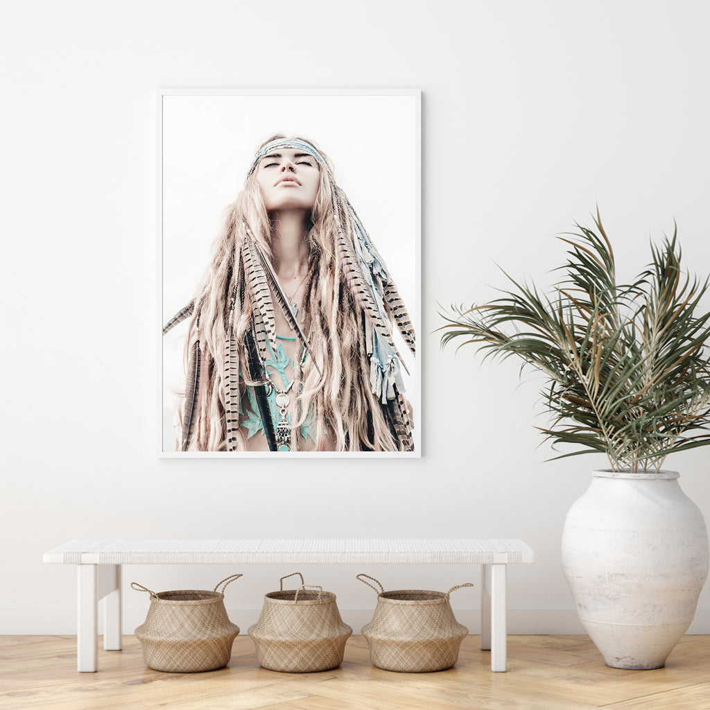 Boho Girl Wall Art – 80cm x 120cm White Frame Canvas