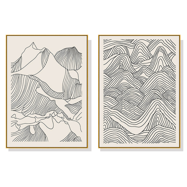 Line Art Mountain Wall Art – 60cm x 90cm Gold Frame Canvas