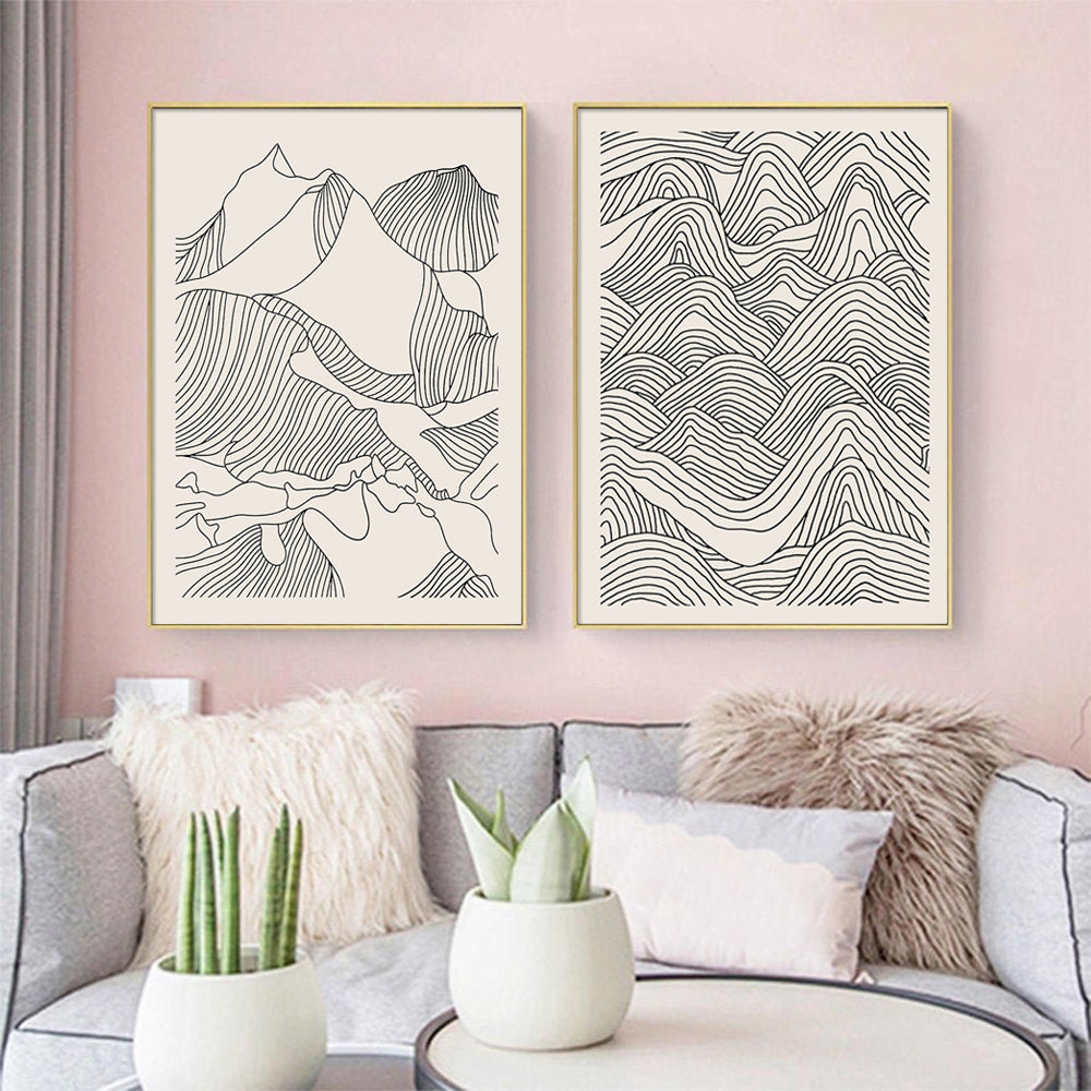 Line Art Mountain Wall Art – 60cm x 90cm Gold Frame Canvas