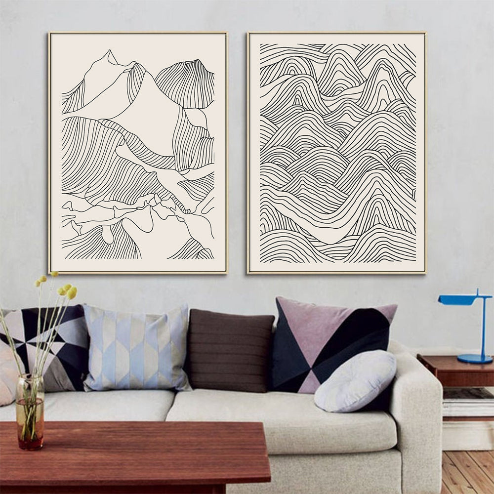 Line Art Mountain Wall Art – 60cm x 90cm Gold Frame Canvas