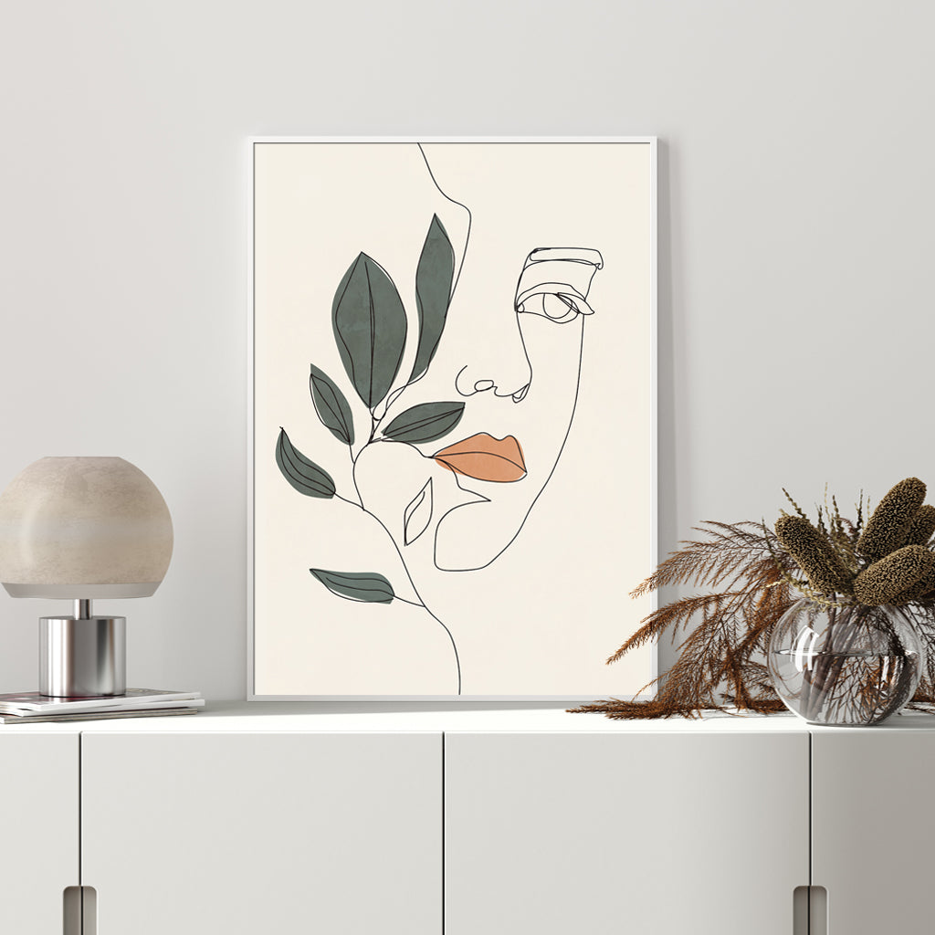 Line Art Girl Face Wall Art – 80x120cm White Frame Canvas