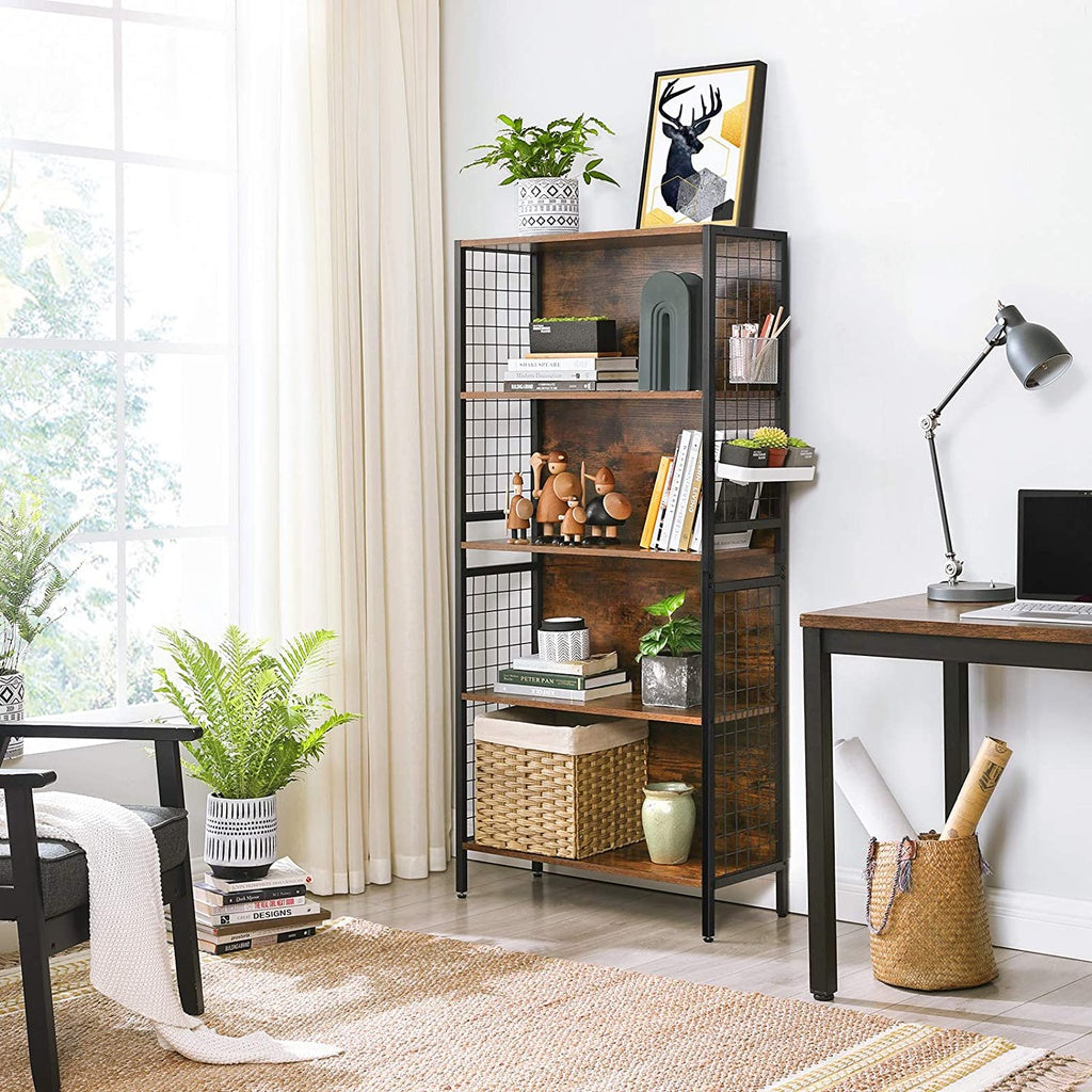 4-Tier Bookcase Office Storage Shelf – Rustic Brown and Black