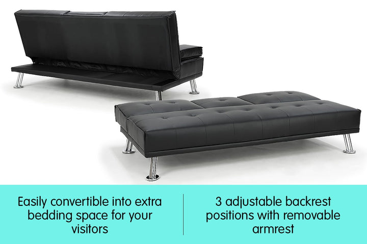 Rochester 3-Seater Faux Leather Sofa Bed Lounge Couch Futon - Black-Furniture > Sofas > Sofas & Sofa Beds-Nomica Living