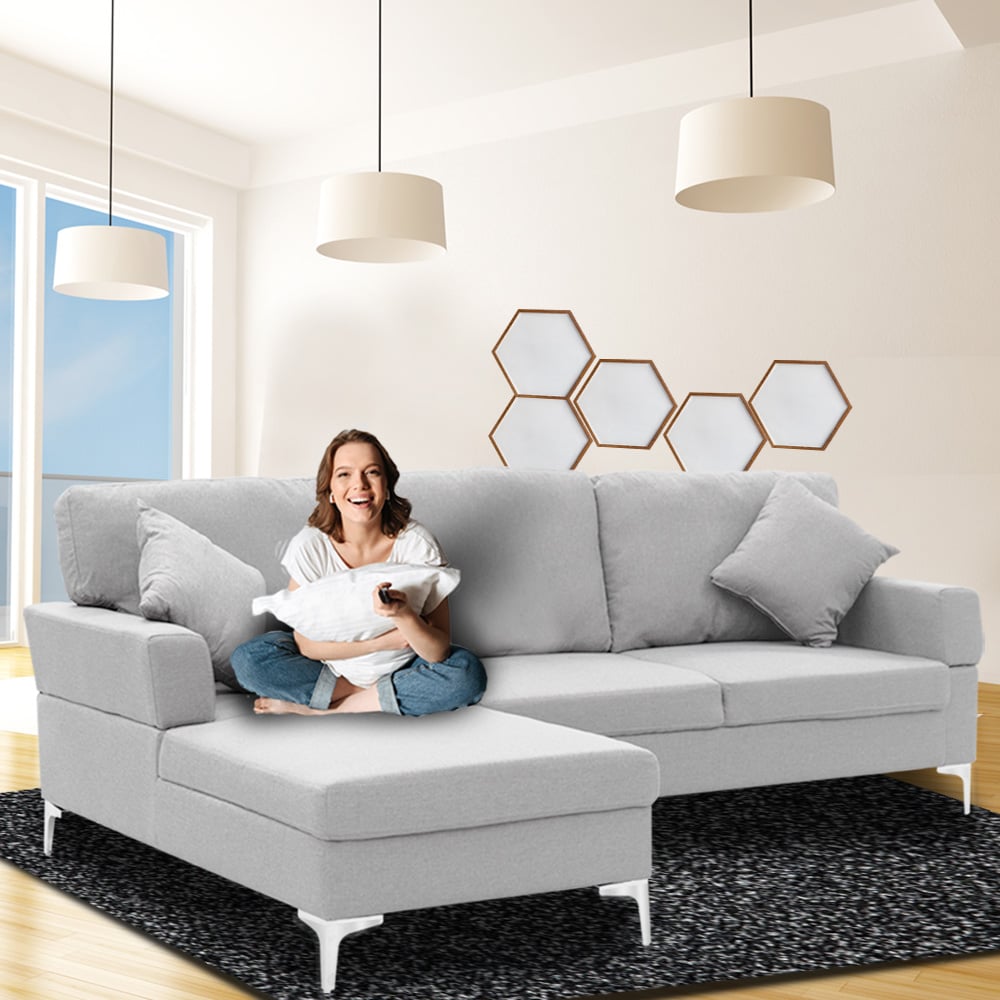 L-Shape Linen Corner Sofa Couch with Right Chaise - Light Grey-Furniture > Sofas > Sofas & Sofa Beds-Nomica Living