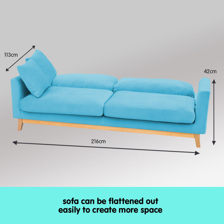 3-Seater Faux Velvet Wooden Sofa Bed Couch Furniture - Light Blue-Furniture > Sofas > Sofas & Sofa Beds-Nomica Living