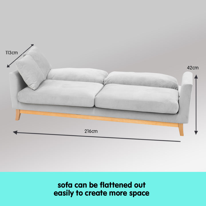 3-Seater Faux Velvet Sofa Bed Couch Furniture - Light Grey-Furniture > Sofas > Sofas & Sofa Beds-Nomica Living