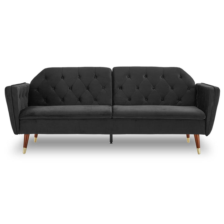 Faux 3-Seater Velvet Tufted Sofa Bed Couch Futon - Black-Furniture > Sofas > Sofas & Sofa Beds-Nomica Living