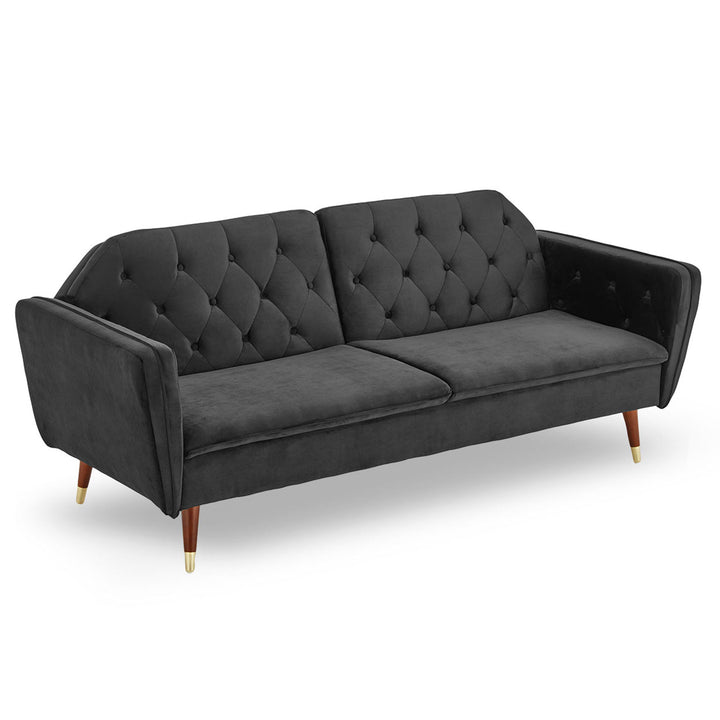 Faux 3-Seater Velvet Tufted Sofa Bed Couch Futon - Black-Furniture > Sofas > Sofas & Sofa Beds-Nomica Living