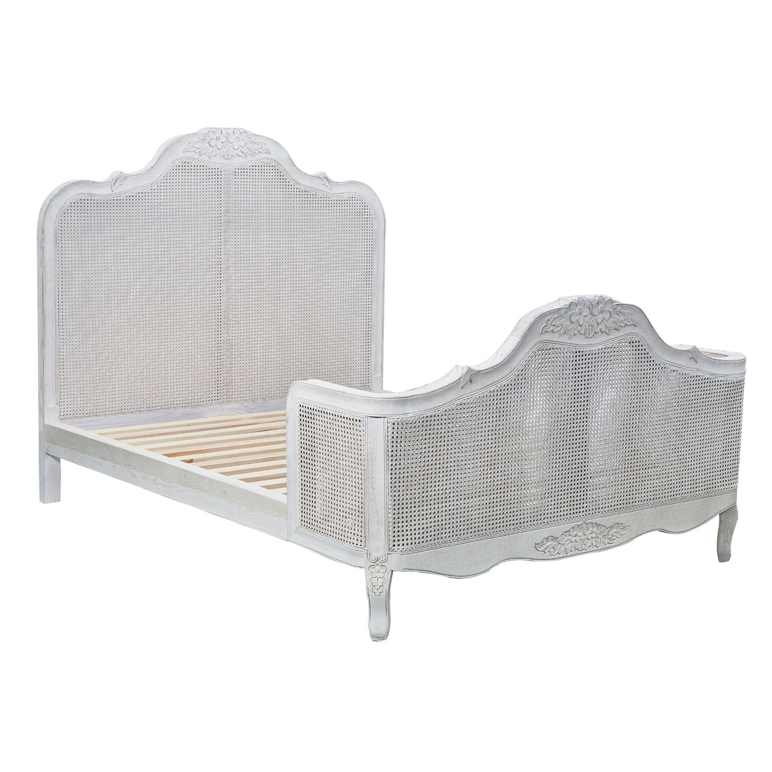 Queen Size Bed Frame in Distressed White Rattan Timber Wood