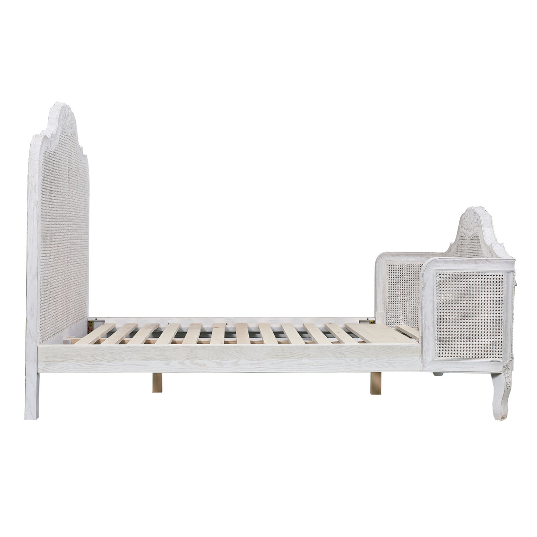 Queen Size Bed Frame in Distressed White Rattan Timber Wood