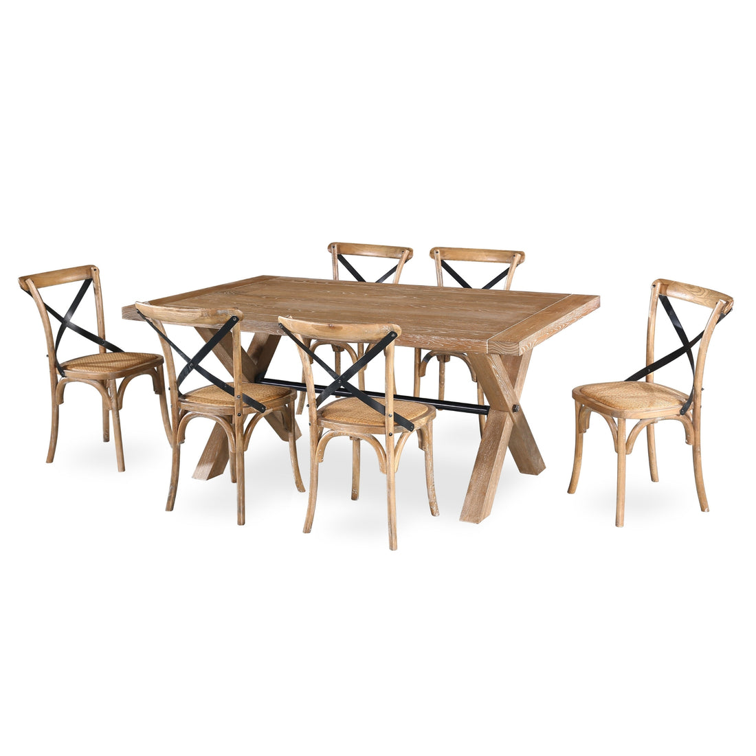 Rustic Elm 6-Seater Dining Table - Classic Refectory Style with Black Metal Support