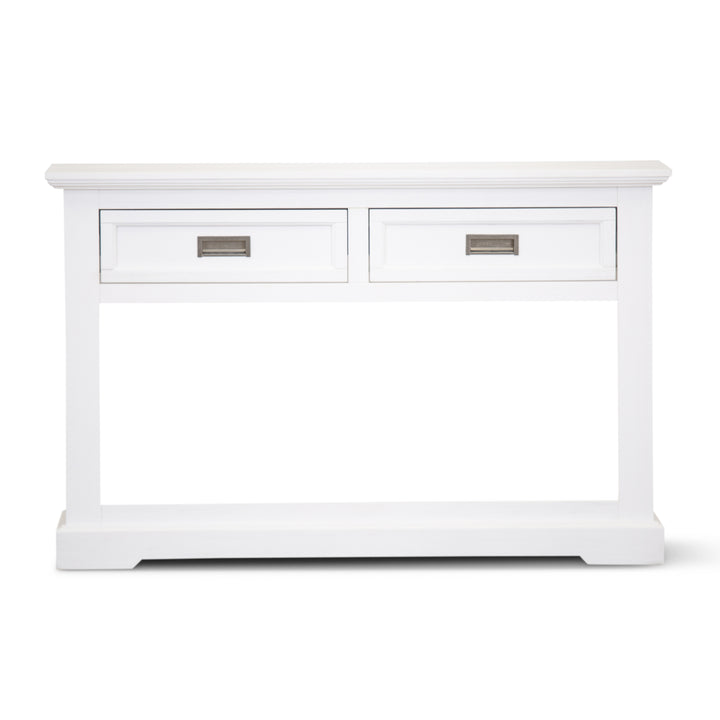 2-Drawer Coastal White Acacia Console Table with Open Shelf-Furniture > Living Room > Side Tables-Nomica Living