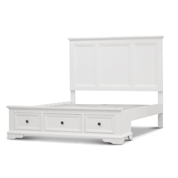 Queen Size Bed Frame in White Timber with Mattress Base and Storage Drawers