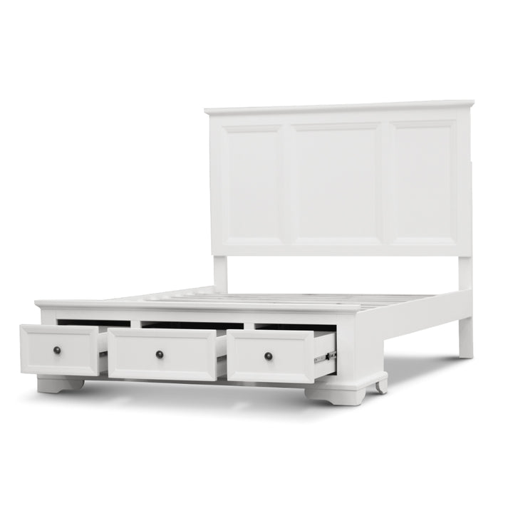 Queen Size Bed Frame in White Timber with Mattress Base and Storage Drawers