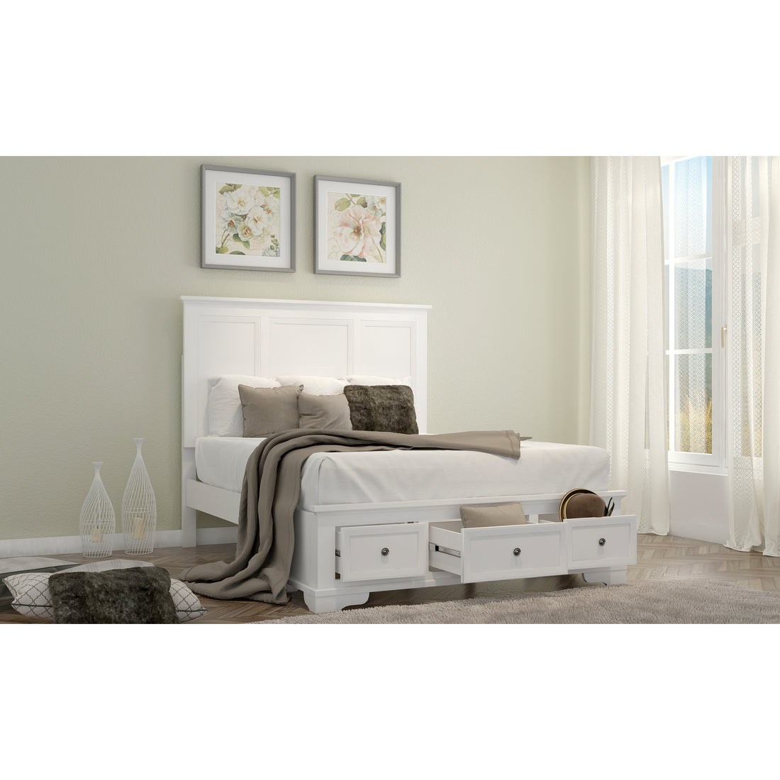 Queen Size Bed Frame in White Timber with Mattress Base and Storage Drawers