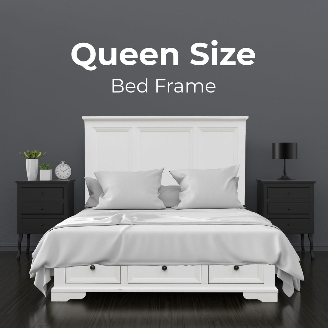 Queen Size Bed Frame in White Timber with Mattress Base and Storage Drawers