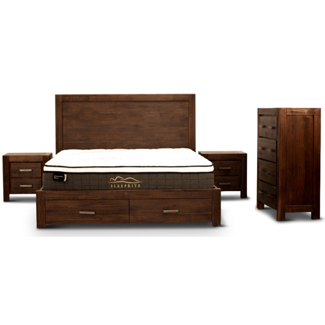 4-Piece Queen Bed Frame Suite with Bedside Table and Tallboy in Walnut