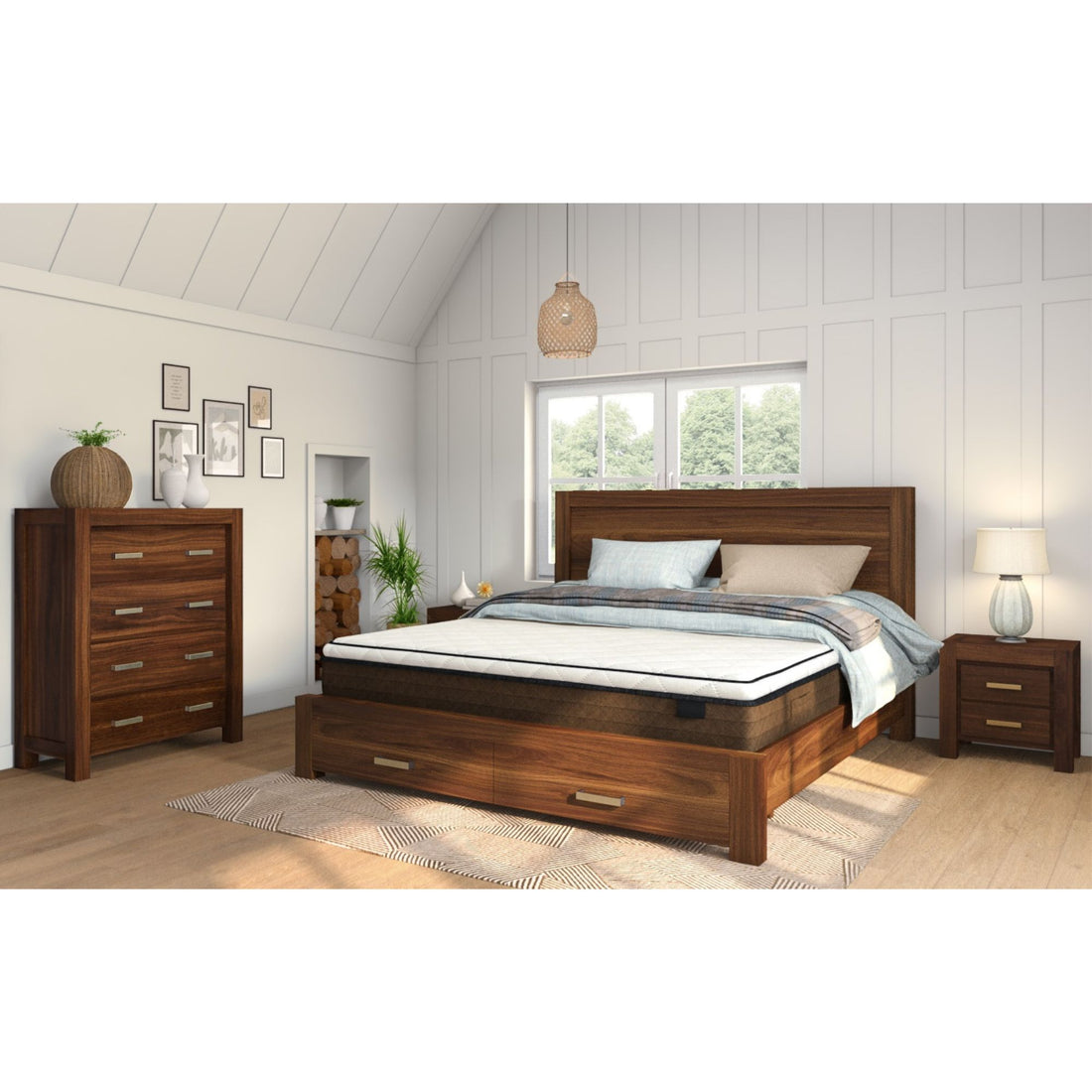 4-Piece Queen Bed Frame Suite with Bedside Table and Tallboy in Walnut