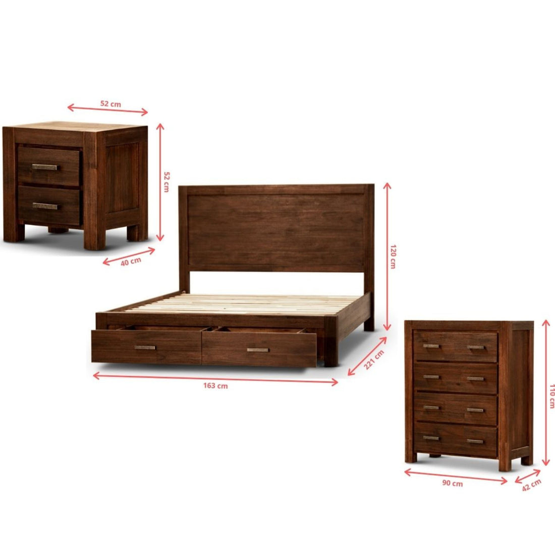 4-Piece Queen Bed Frame Suite with Bedside Table and Tallboy in Walnut