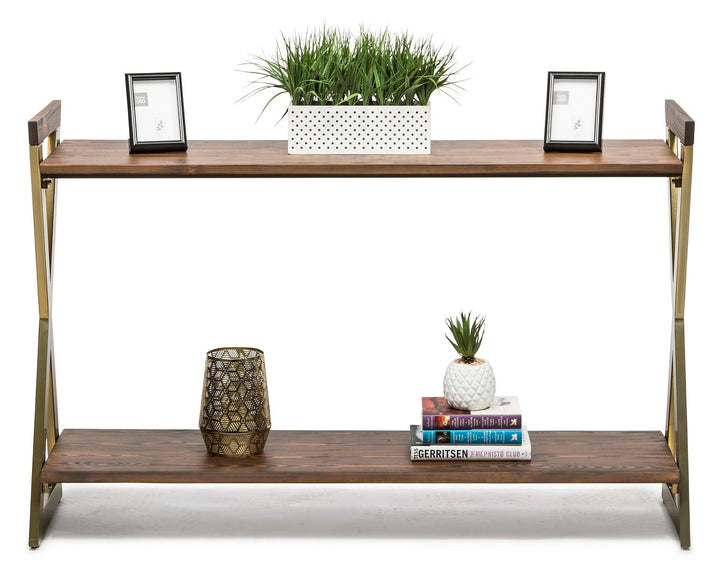 Rustic French Brass and Wood Console Table with Shelf Storage-Furniture > Living Room > Side Tables-Nomica Living