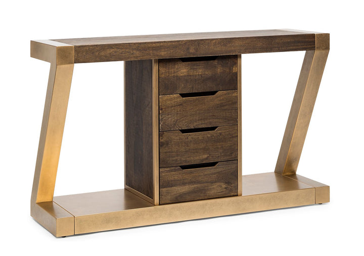 Brass Wooden Z-Shaped Console Table with Drawers-Furniture > Living Room > Side Tables-Nomica Living