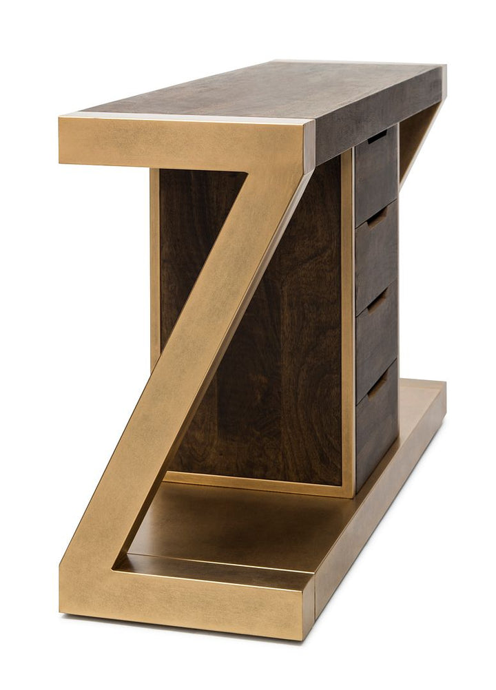 Brass Wooden Z-Shaped Console Table with Drawers-Furniture > Living Room > Side Tables-Nomica Living