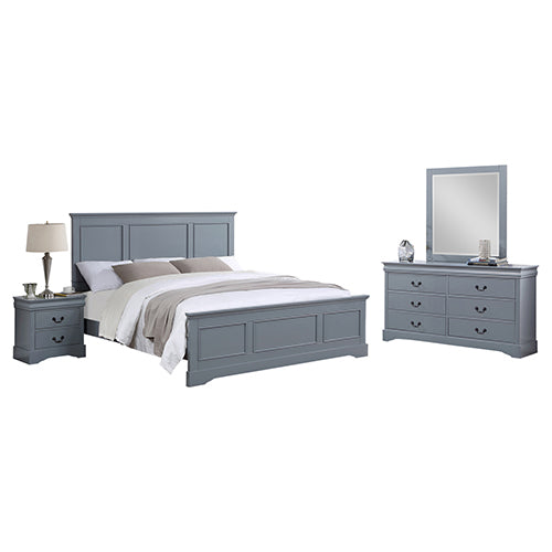 4-Piece King Size Bedroom Suite with Grey Solid Wood Bed, Bedside Table & Dresser