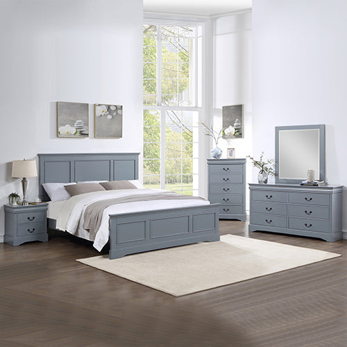 5-Piece King Size Bedroom Suite with Grey Solid Wood Bed, Bedside Table, Dresser & Tallboy