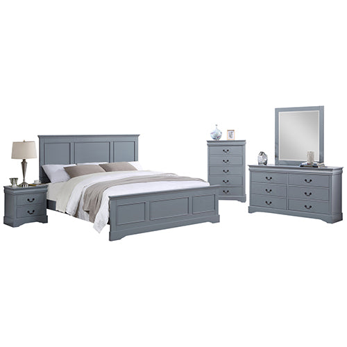 5-Piece King Size Bedroom Suite with Grey Solid Wood Bed, Bedside Table, Dresser & Tallboy