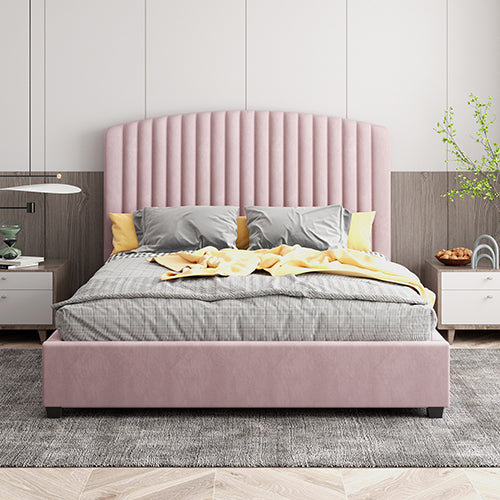 King Single Size Bed Frame with Pink Velvet Upholstery and High Headboard